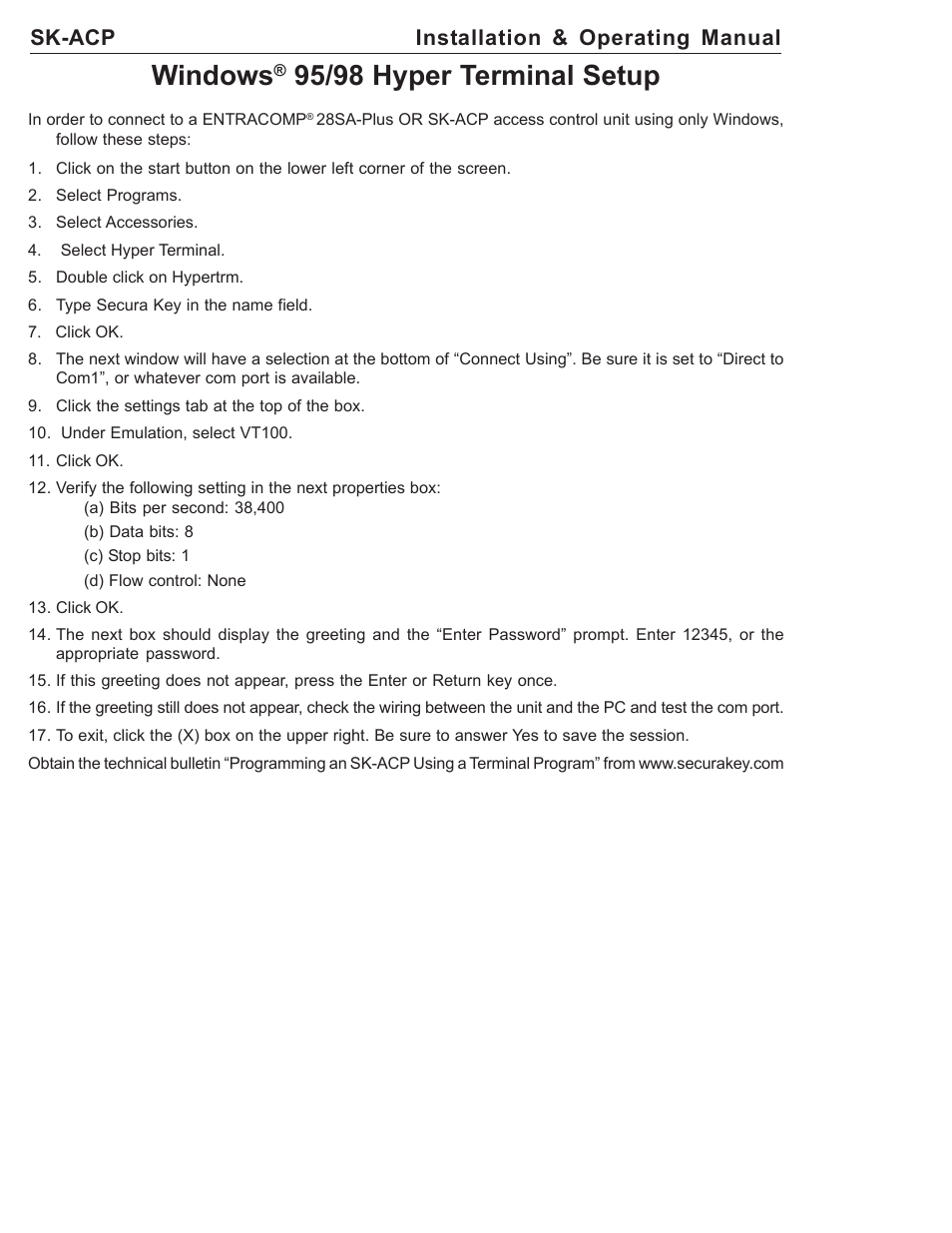 Windows, 95/98 hyper terminal setup, Sk-acp installation & operating manual | American Access Systems ProAccess 200sa User Manual | Page 30 / 36