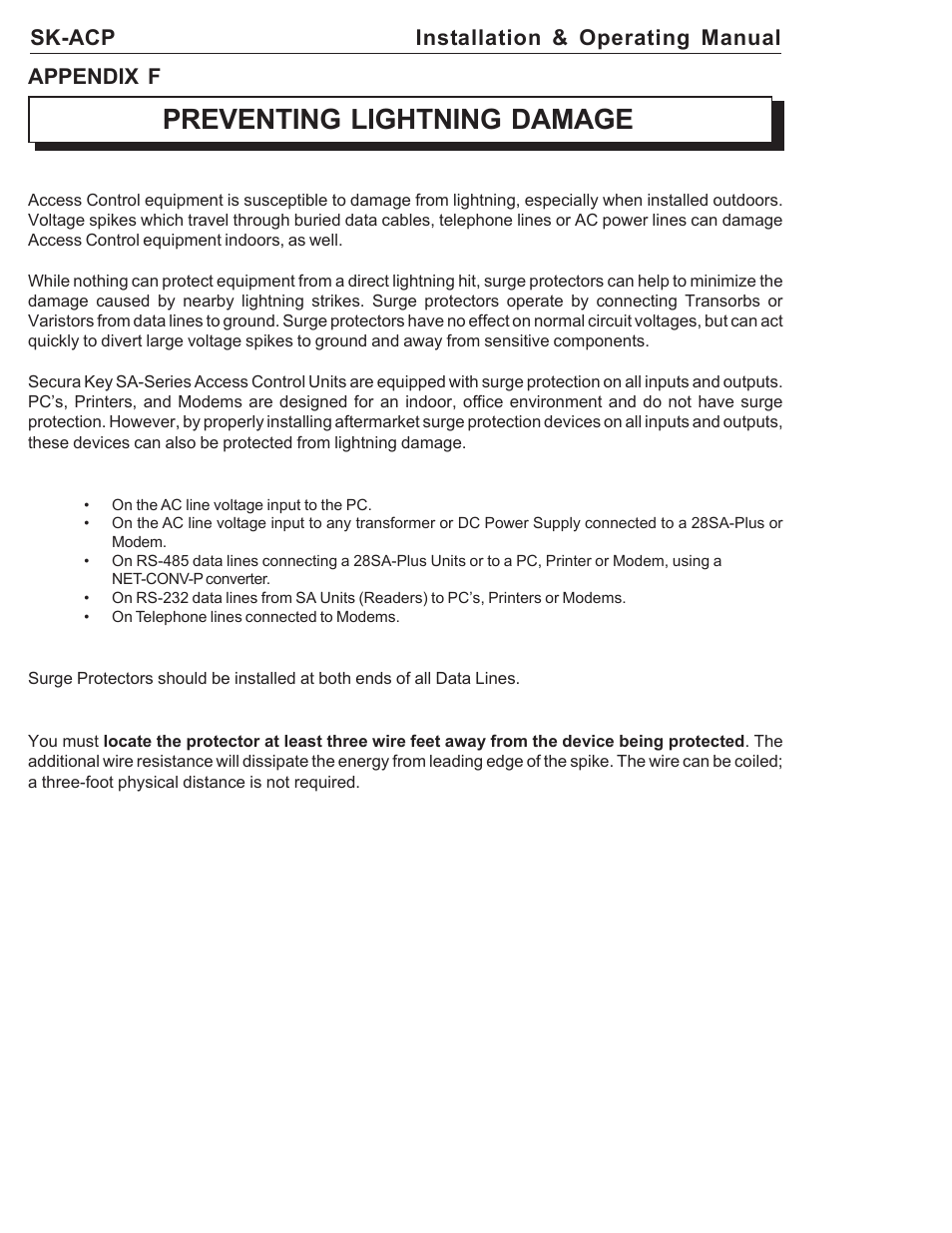 Preventing lightning damage, Sk-acp installation & operating manual, Appendix f | American Access Systems ProAccess 200sa User Manual | Page 32 / 36