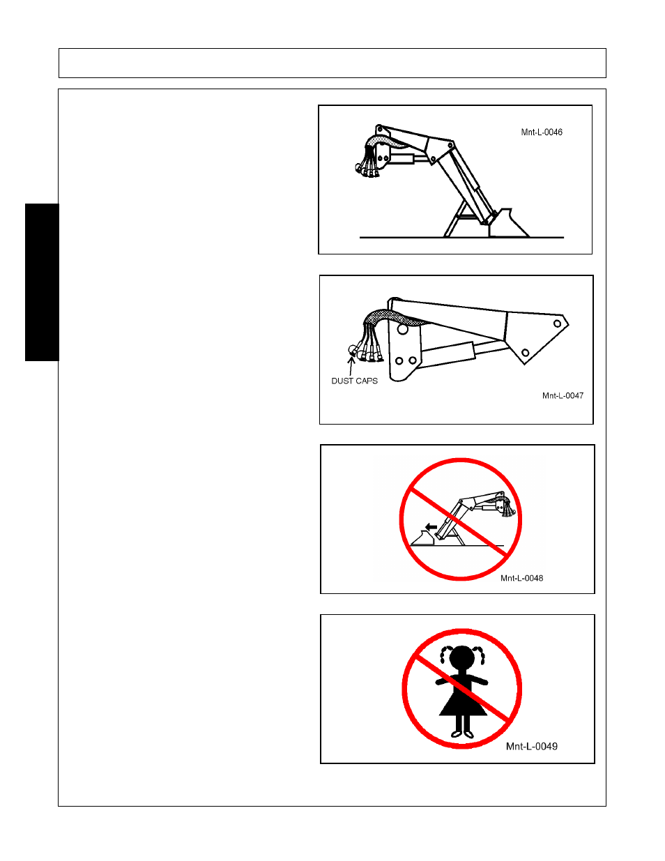 Store loader with attachment securely attached, Place dust caps on hydraulic quick couplers, Do not remove attachment from stored loader | Do not allow children to play on or around loader, Maintenance | Bush Hog 3327 User Manual | Page 94 / 100