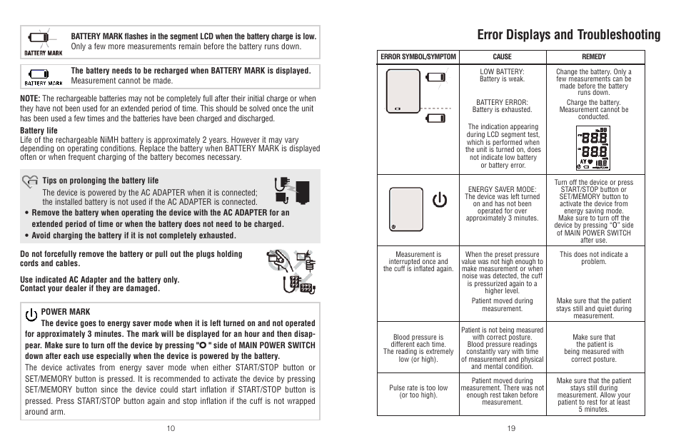 Error displays and troubleshooting | American Diagnostic Corporation (ADC) e-sphyg2 9002 User Manual | Page 10 / 14