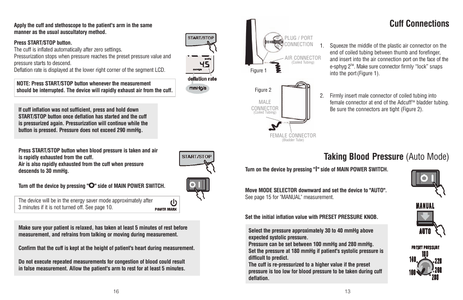 Cuff connections, Taking blood pressure (auto mode) | American Diagnostic Corporation (ADC) e-sphyg2 9002 User Manual | Page 13 / 14