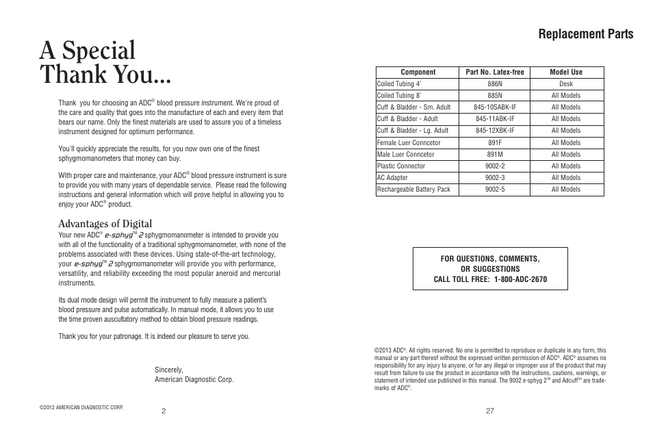 Replacement parts, Advantages of digital | American Diagnostic Corporation (ADC) e-sphyg2 9002 User Manual | Page 2 / 14