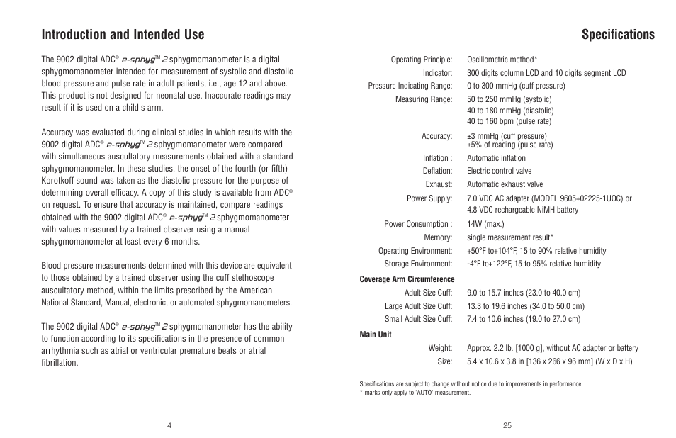 Introduction and intended use, Specifications | American Diagnostic Corporation (ADC) e-sphyg2 9002 User Manual | Page 4 / 14