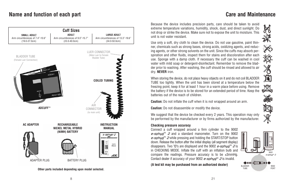 Name and function of each part, Care and maintenance, Cuff sizes | American Diagnostic Corporation (ADC) e-sphyg2 9002 User Manual | Page 8 / 14