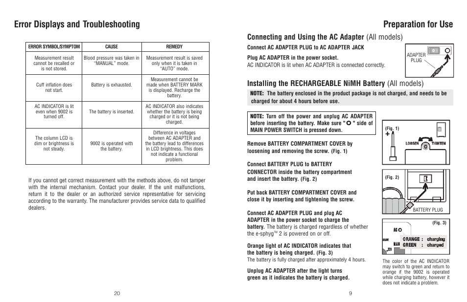 Preparation for use, Error displays and troubleshooting, Connecting and using the ac adapter (all models) | American Diagnostic Corporation (ADC) e-sphyg2 9002 User Manual | Page 9 / 14
