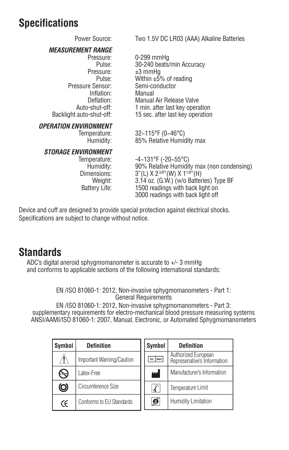Specifications, Standards | American Diagnostic Corporation (ADC) e-sphyg 7002 User Manual | Page 13 / 15