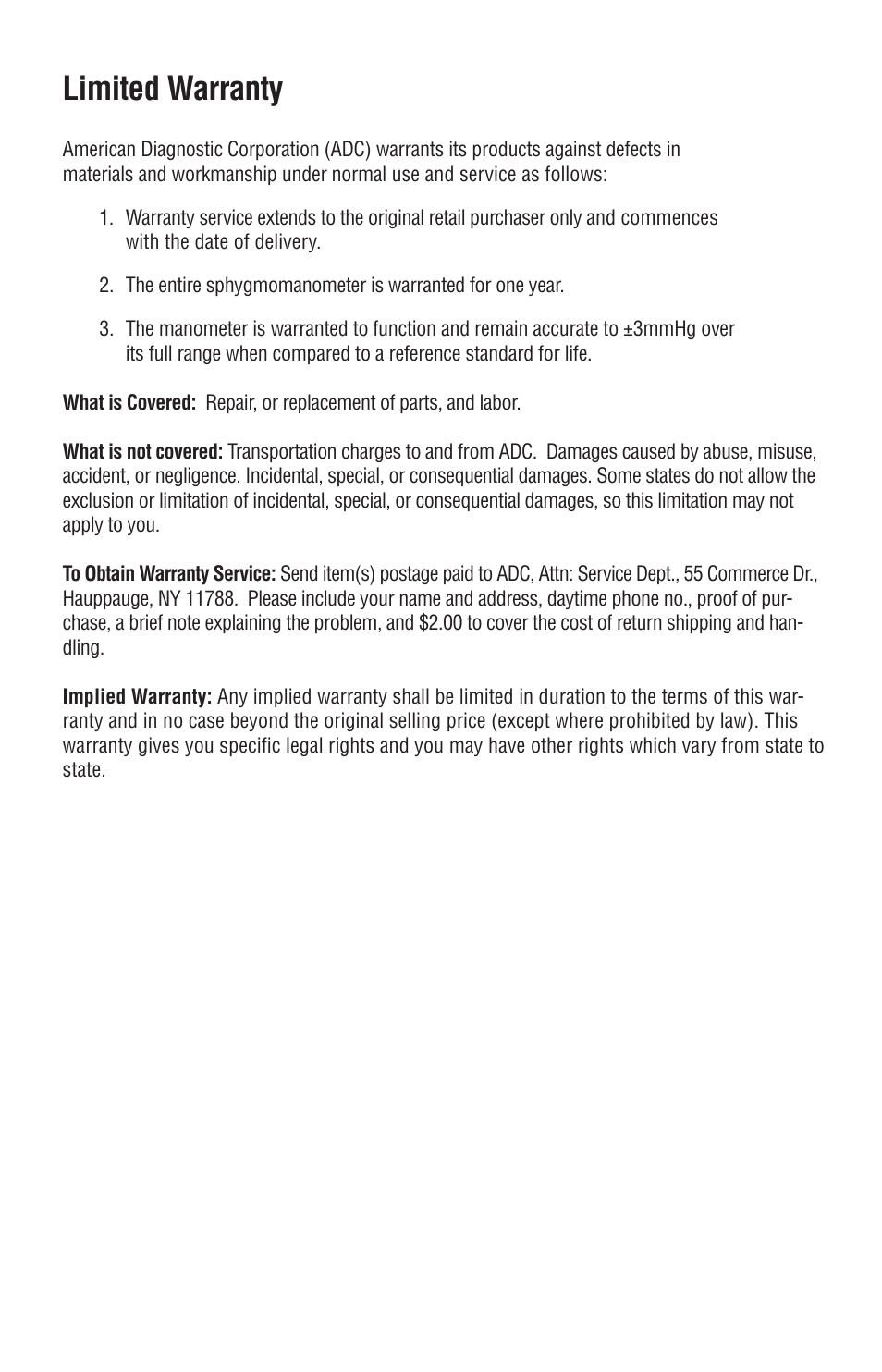 Limited warranty | American Diagnostic Corporation (ADC) e-sphyg 7002 User Manual | Page 14 / 15