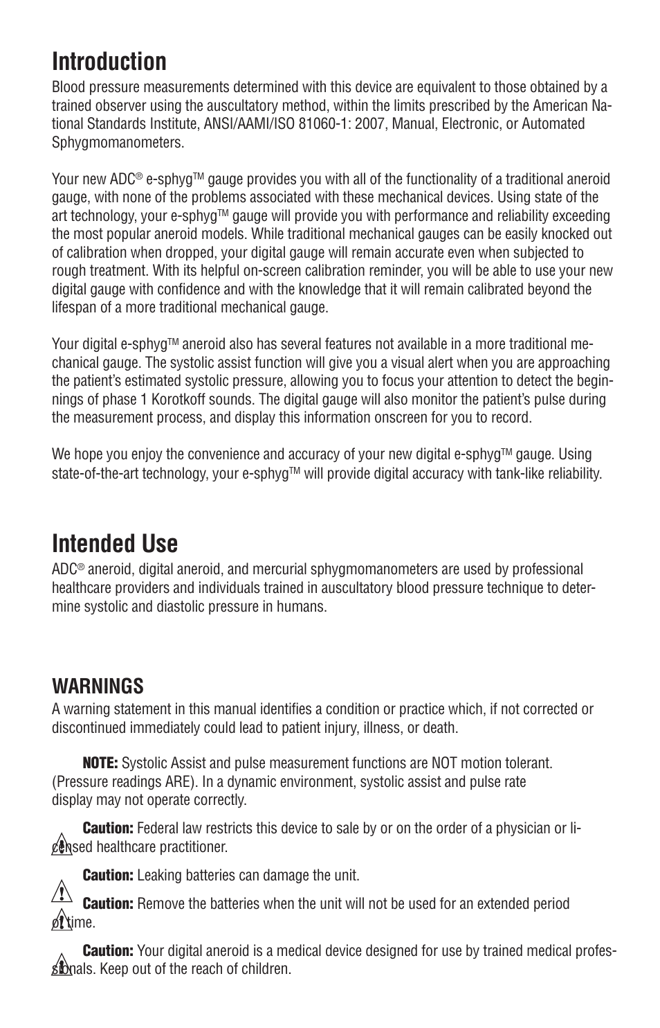 Introduction, Intended use, Warnings | American Diagnostic Corporation (ADC) e-sphyg 7002 User Manual | Page 4 / 15