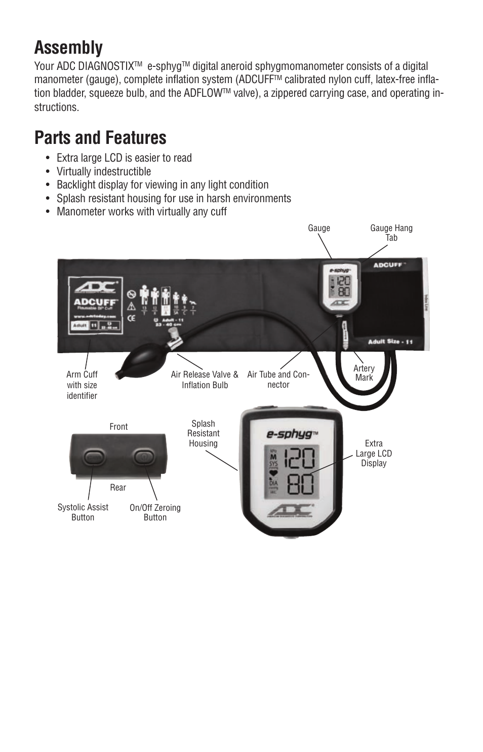 Assembly, Parts and features | American Diagnostic Corporation (ADC) e-sphyg 7002 User Manual | Page 6 / 15