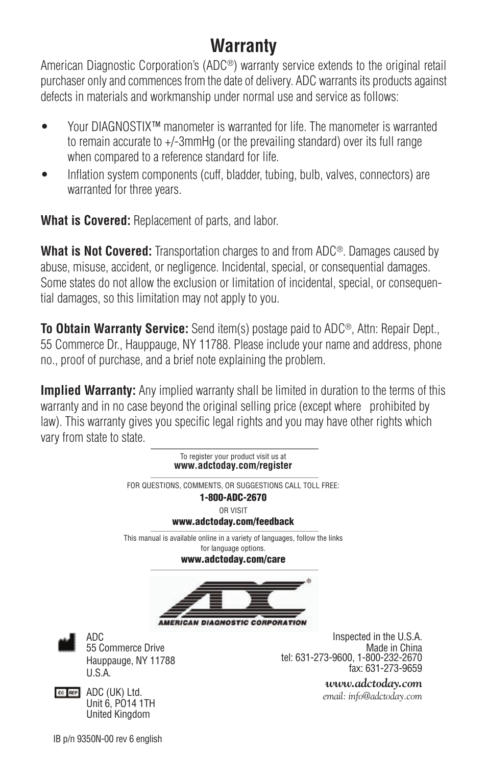 Warranty | American Diagnostic Corporation (ADC) Diagnostix 75XX User Manual | Page 10 / 10