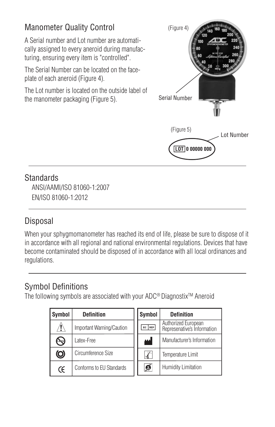 Manometer quality control, Standards, Disposal | Symbol definitions, The following symbols are associated with your adc, Diagnostix, Aneroid | American Diagnostic Corporation (ADC) Diagnostix 75XX User Manual | Page 9 / 10