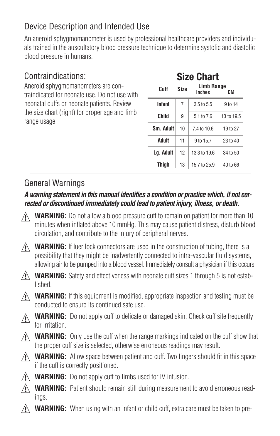 Size chart, Device description and intended use, Contraindications | General warnings | American Diagnostic Corporation (ADC) Prosphyg 790 User Manual | Page 2 / 7