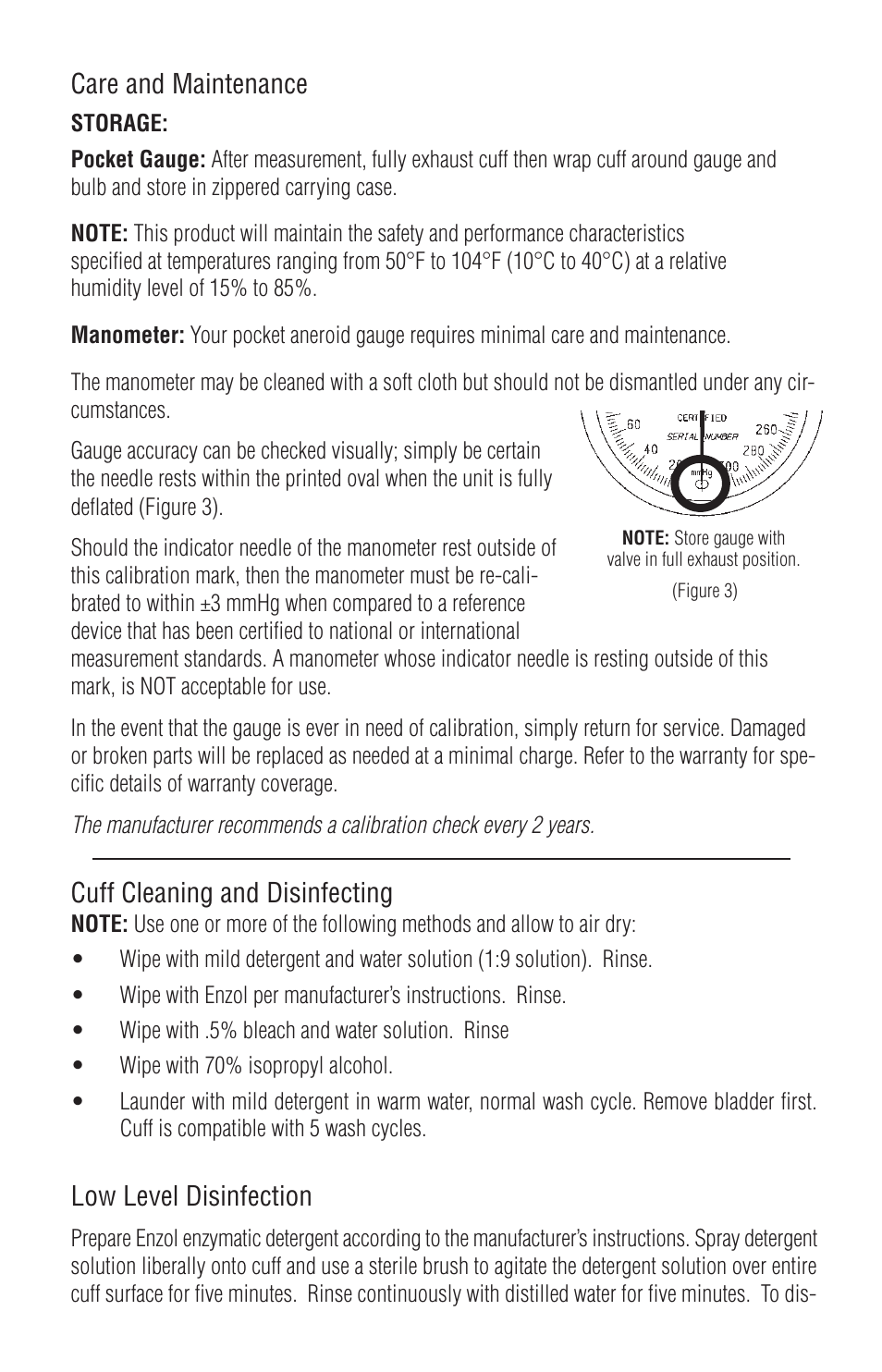 Care and maintenance, Cuff cleaning and disinfecting, Low level disinfection | American Diagnostic Corporation (ADC) Prosphyg 790 User Manual | Page 5 / 7