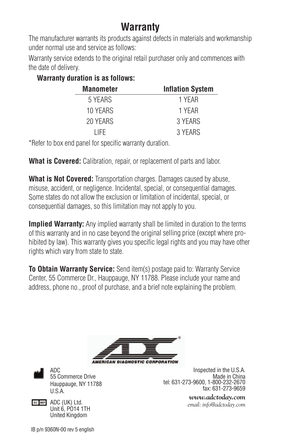 Warranty | American Diagnostic Corporation (ADC) Prosphyg 790 User Manual | Page 7 / 7