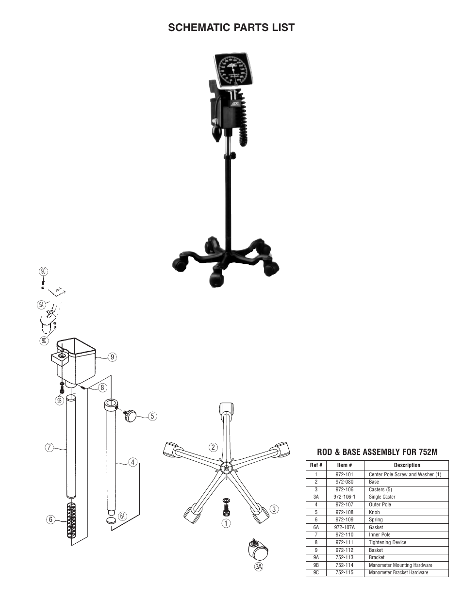 Schematic parts list, Rod & base assembly for 752m | American Diagnostic Corporation (ADC) Diagnostix 752M User Manual | Page 2 / 2