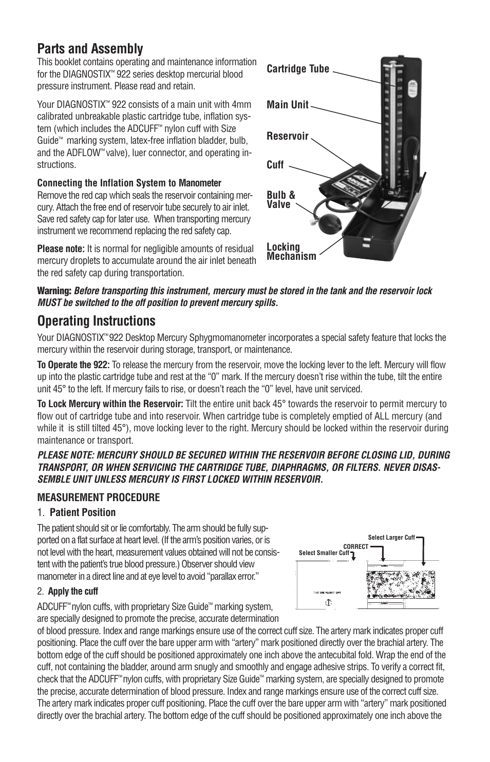 Parts and assembly, Operating instructions | American Diagnostic Corporation (ADC) Diagnostix 922 User Manual | Page 3 / 5