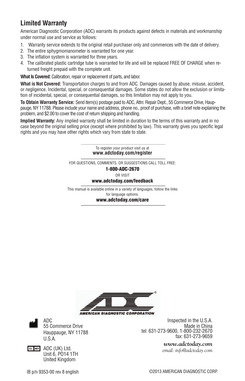 Limited warranty | American Diagnostic Corporation (ADC) Diagnostix 922 User Manual | Page 5 / 5
