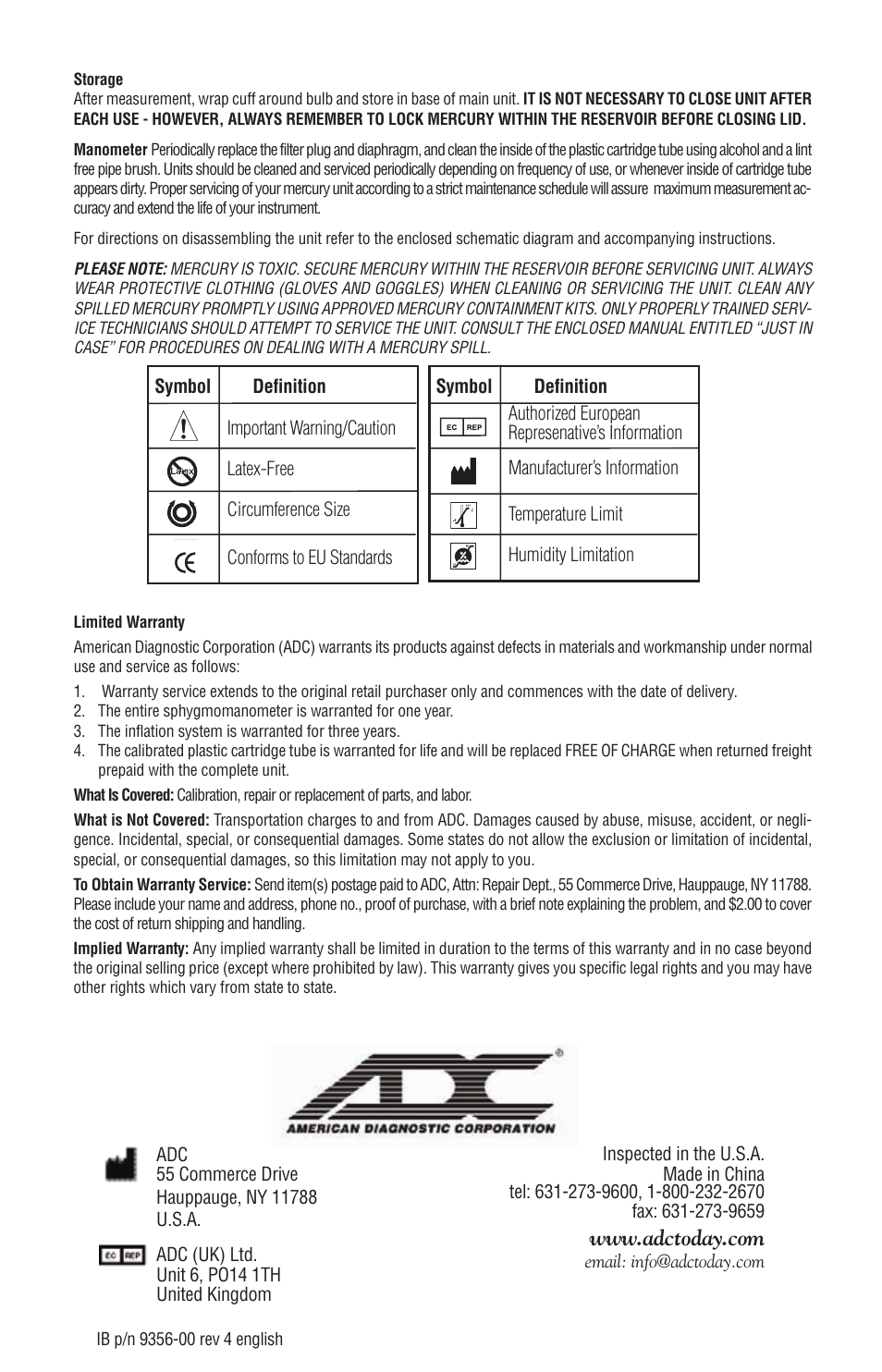 American Diagnostic Corporation (ADC) Diagnostix 932 User Manual | Page 4 / 4