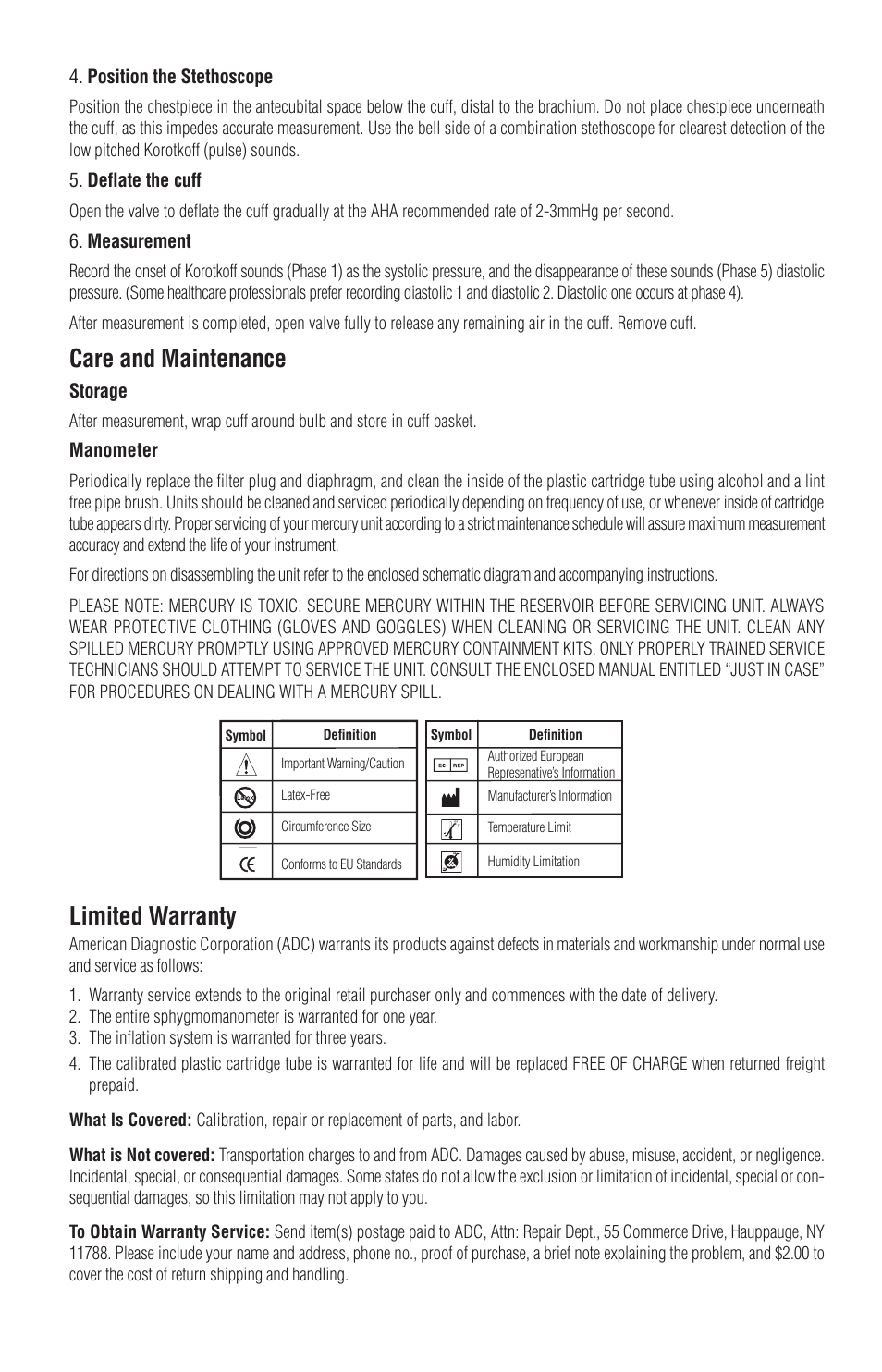 Care and maintenance, Limited warranty | American Diagnostic Corporation (ADC) Diagnostix 952B User Manual | Page 4 / 5