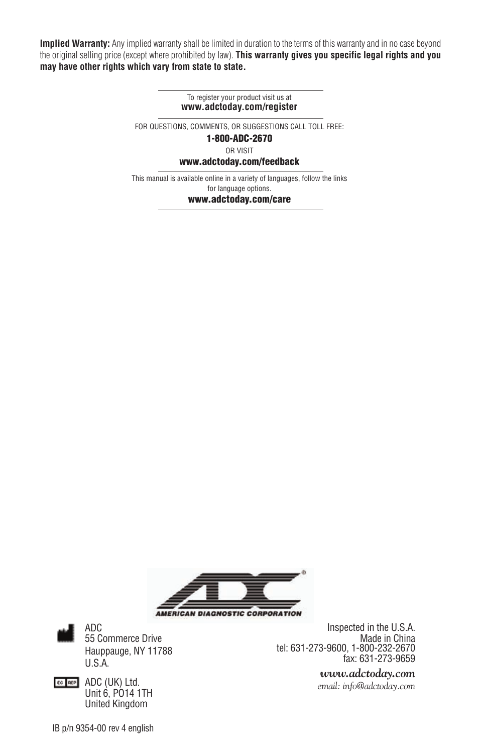 American Diagnostic Corporation (ADC) Diagnostix 952B User Manual | Page 5 / 5