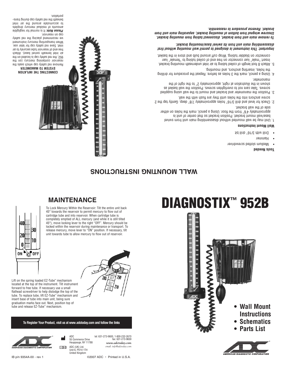 American Diagnostic Corporation (ADC) Diagnostix 952B Assembly User Manual | 2 pages