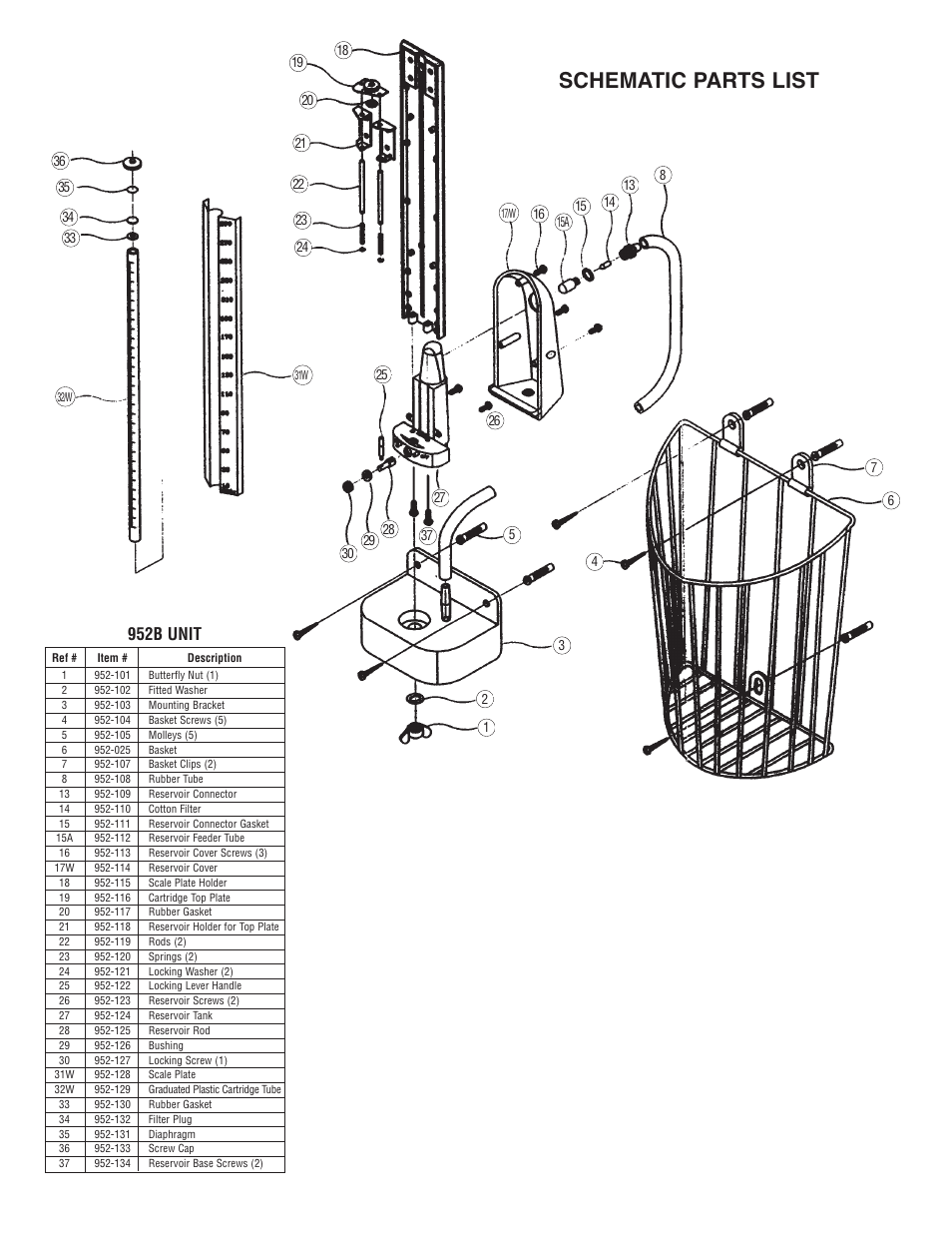 Schematic parts list, 952b unit | American Diagnostic Corporation (ADC) Diagnostix 952B Assembly User Manual | Page 2 / 2