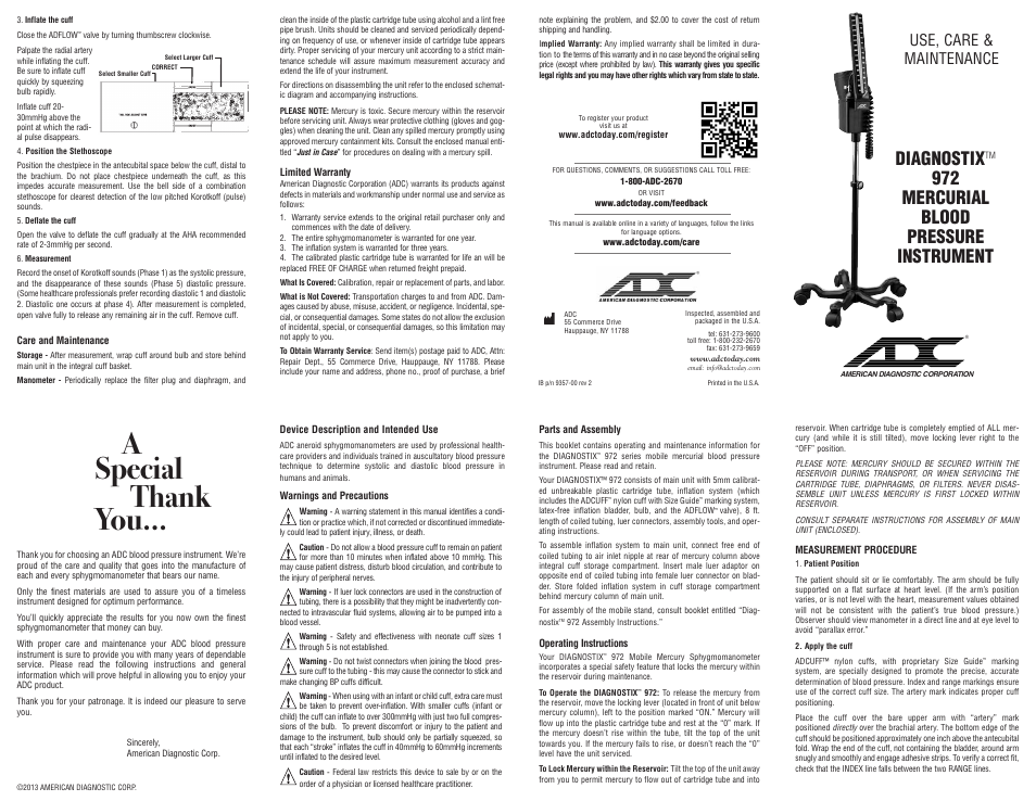 American Diagnostic Corporation (ADC) Diagnostix 972 User Manual | 1 page