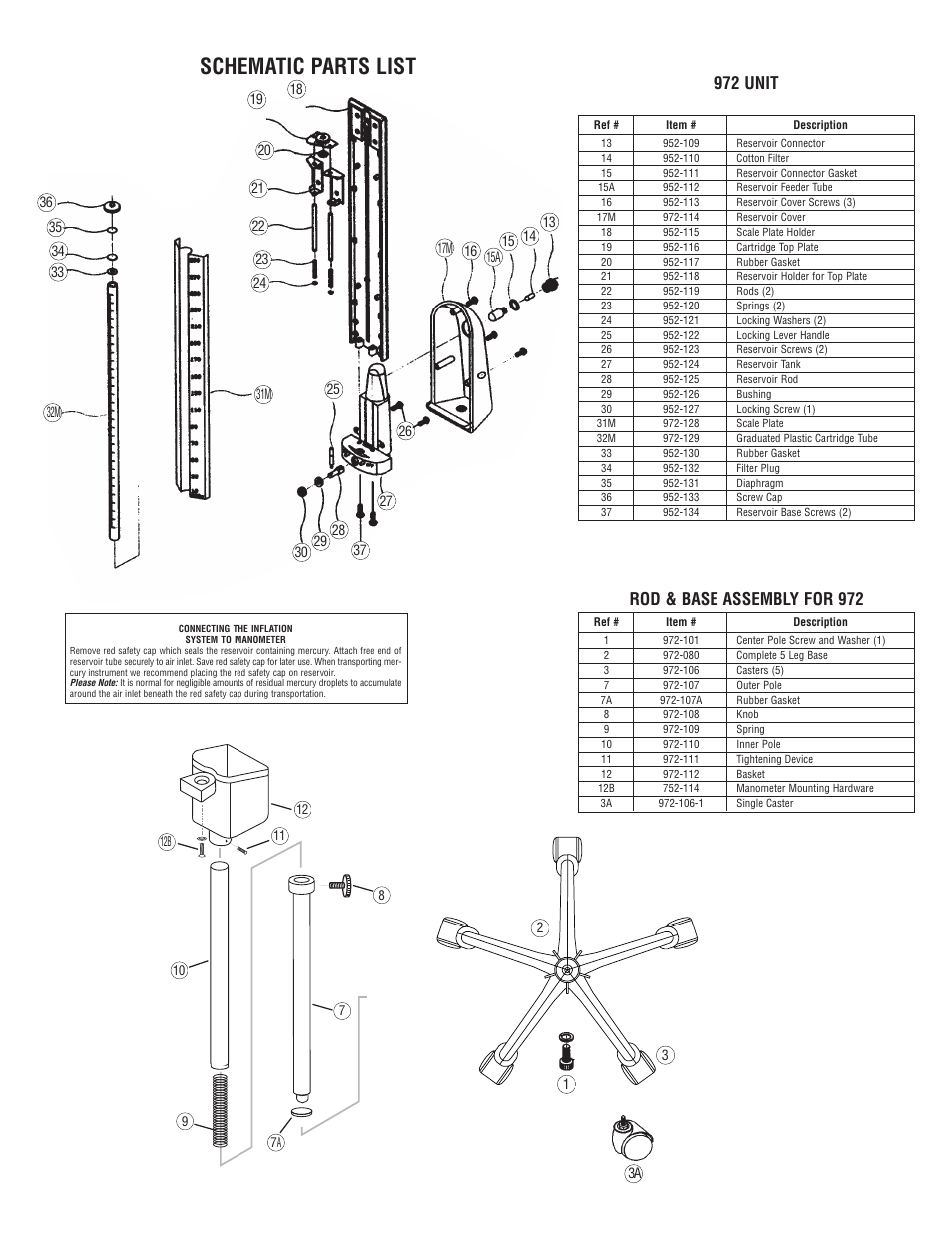 Schematic parts list, 972 unit, Rod & base assembly for 972 | 1 2 3 3a, 12b 7a | American Diagnostic Corporation (ADC) Diagnostix 972 Assembly User Manual | Page 2 / 2