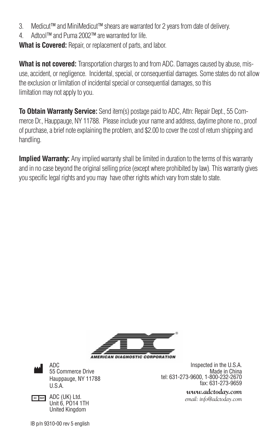 American Diagnostic Corporation (ADC) 104BKE User Manual | Page 4 / 4