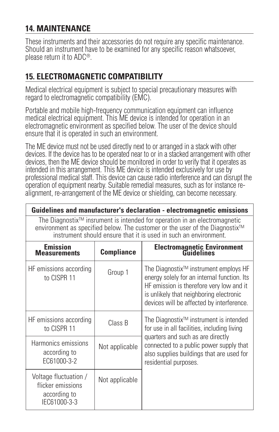 Maintenance, Electromagnetic compatibility | American Diagnostic Corporation (ADC) Diagnostix 3.5v User Manual | Page 10 / 14
