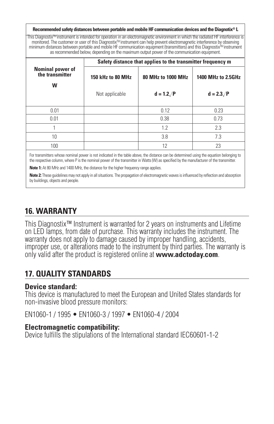 Warranty, Quality standards | American Diagnostic Corporation (ADC) Diagnostix 3.5v User Manual | Page 13 / 14
