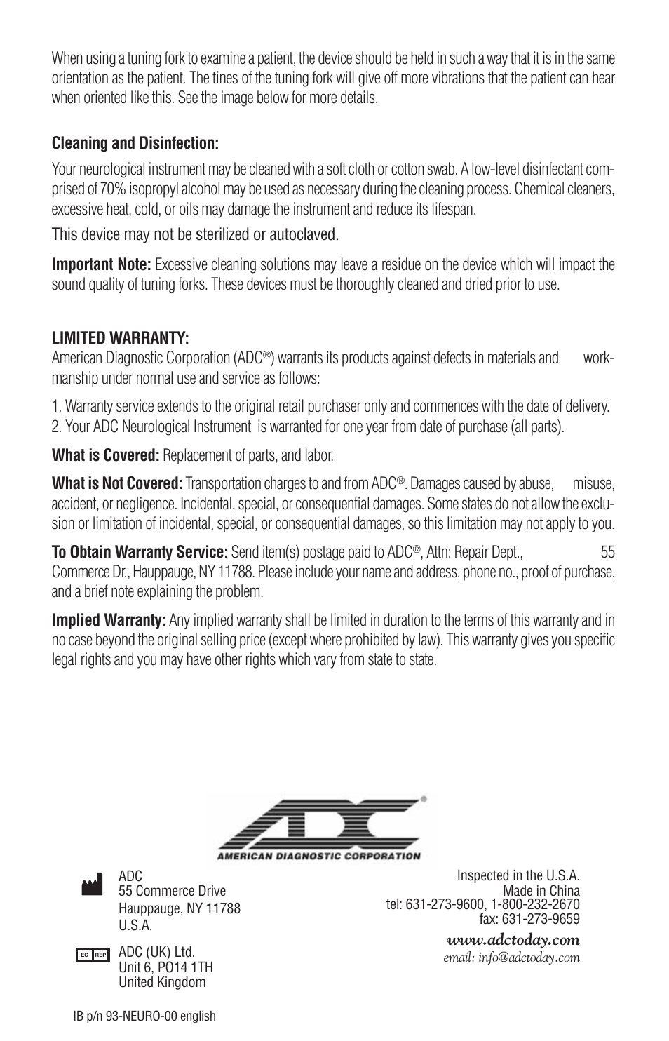 American Diagnostic Corporation (ADC) Neurological Instruments User Manual | Page 4 / 4