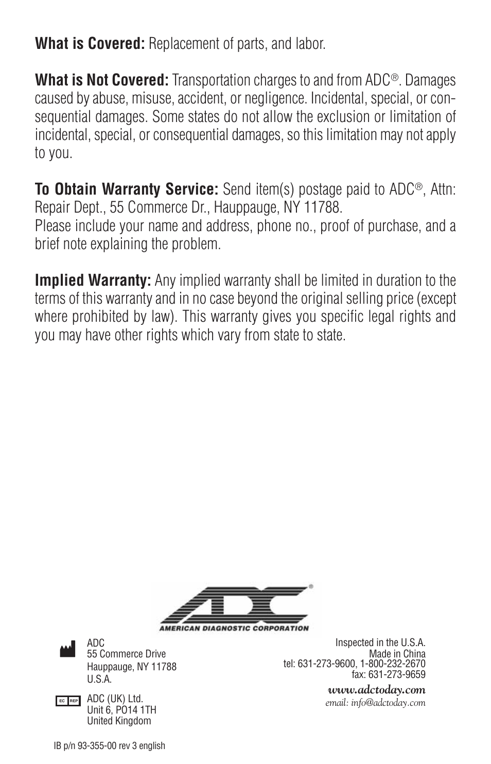 American Diagnostic Corporation (ADC) Adlite Pro User Manual | Page 3 / 3