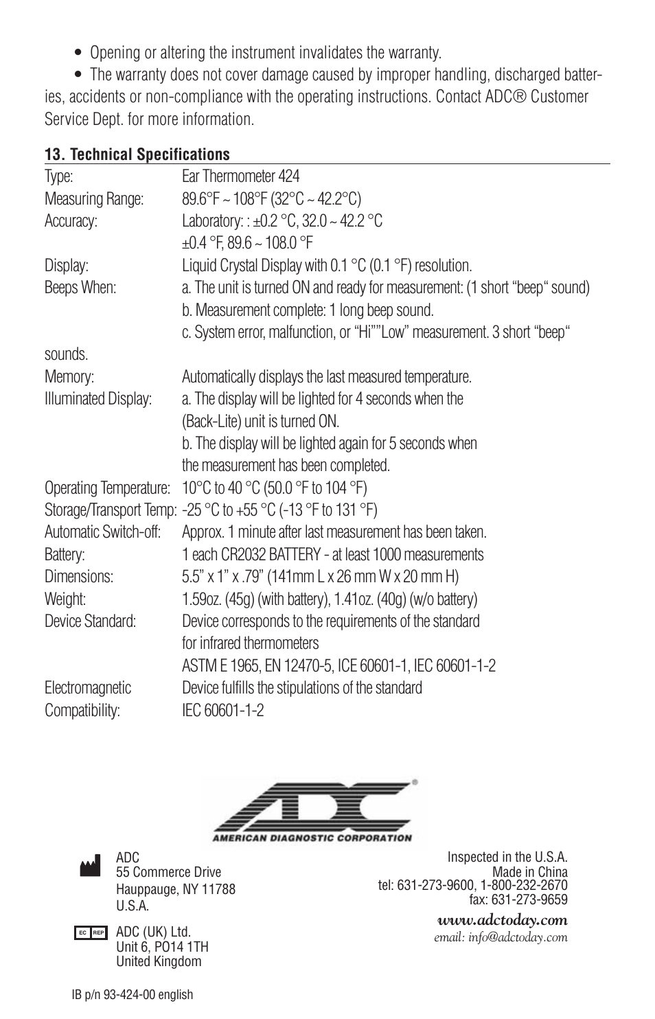 American Diagnostic Corporation (ADC) 424 Adtemp User Manual | Page 7 / 7