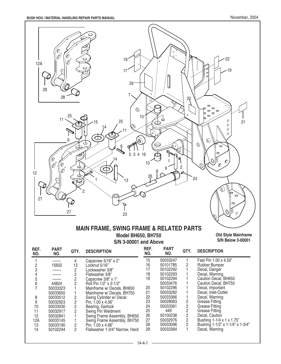 Main frame, swing frame & related parts | Bush Hog BH950 User Manual | Page 11 / 114