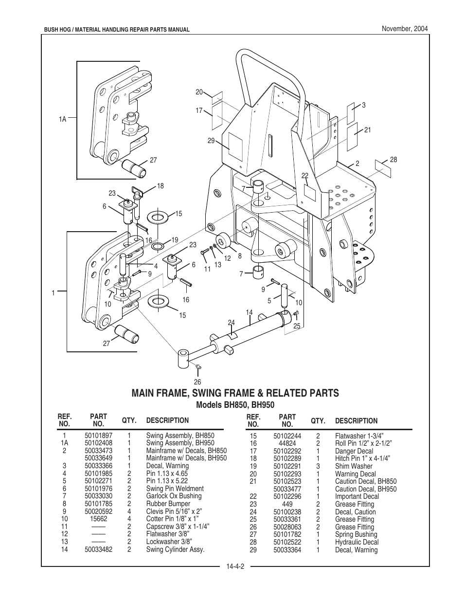 Main frame, swing frame & related parts | Bush Hog BH950 User Manual | Page 12 / 114