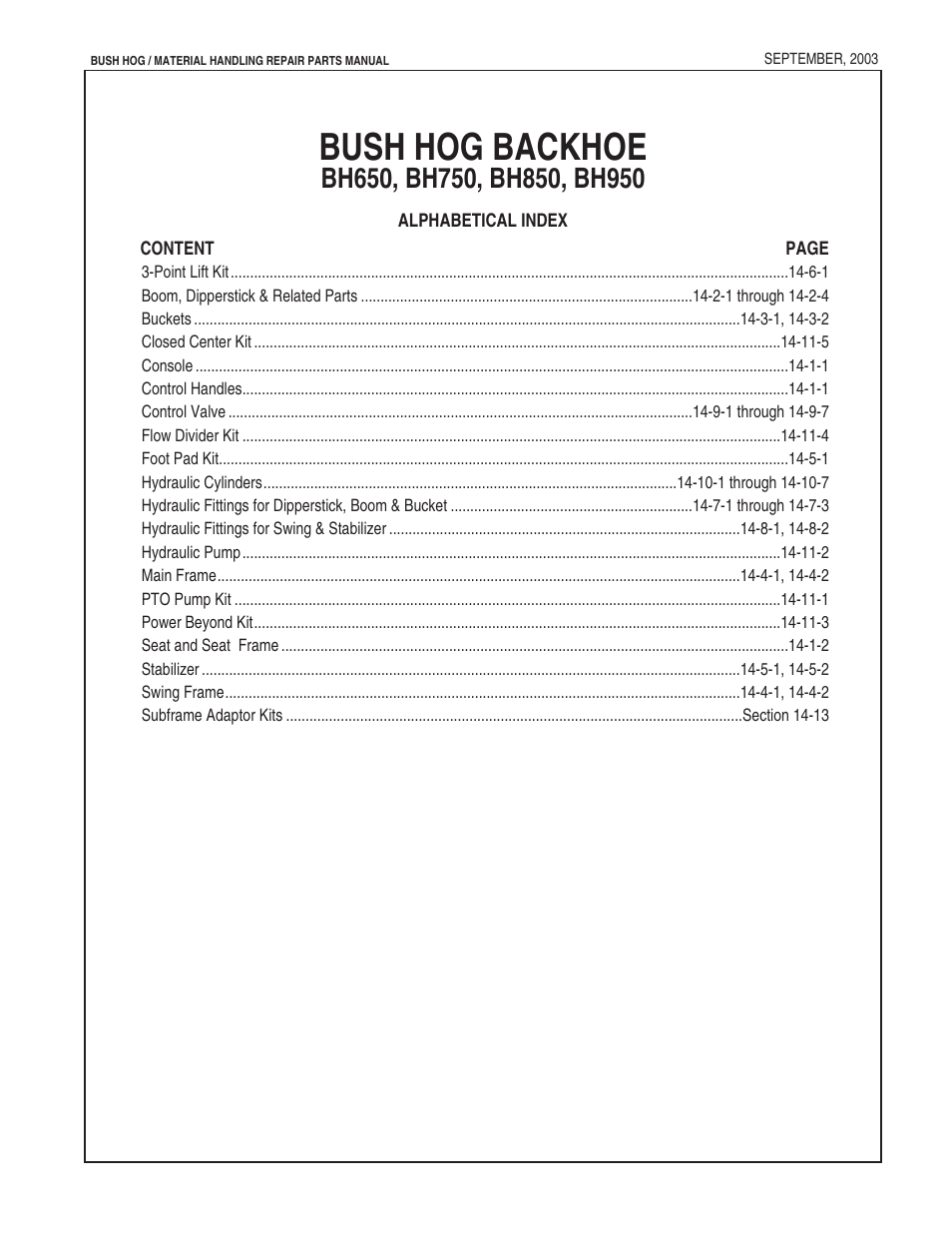 Bush hog backhoe | Bush Hog BH950 User Manual | Page 2 / 114