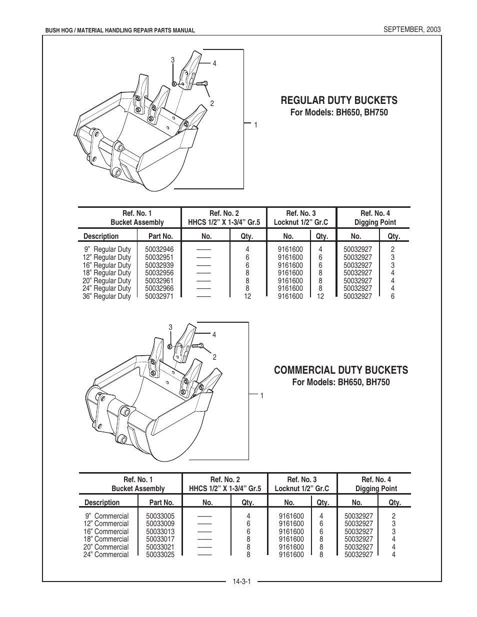 Regular duty buckets, Commercial duty buckets | Bush Hog BH950 User Manual | Page 9 / 114