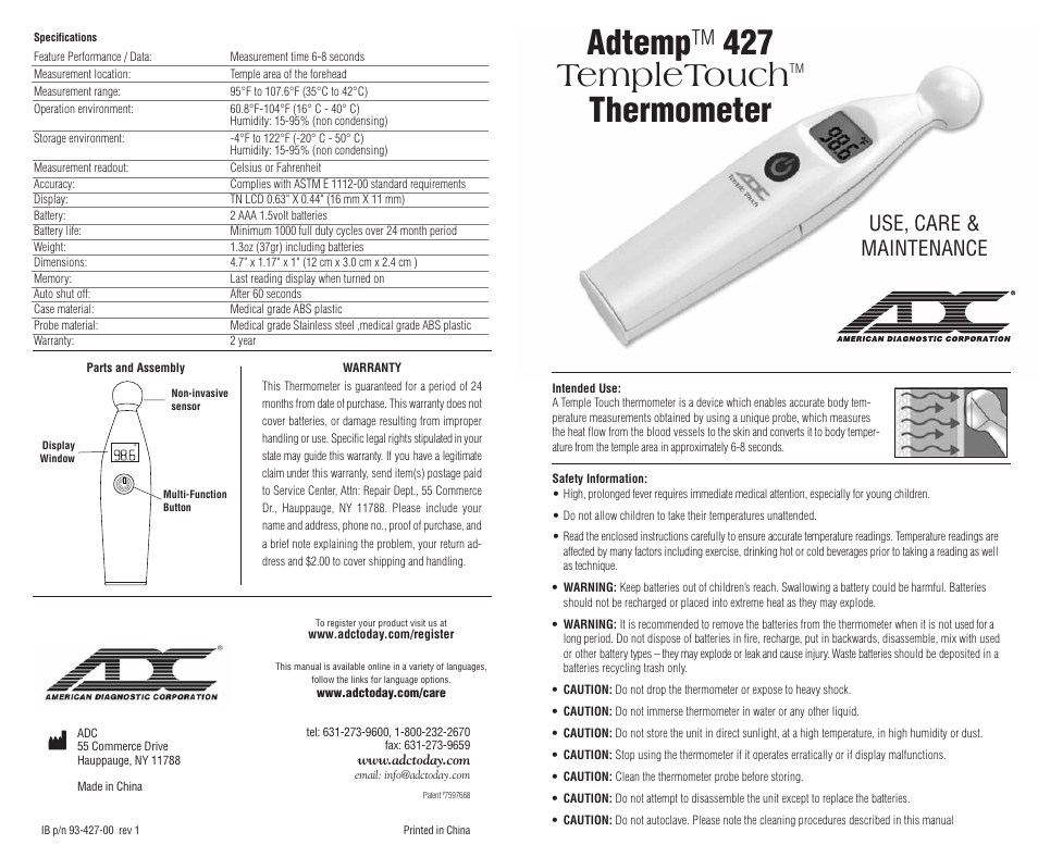 American Diagnostic Corporation (ADC) 427 Adtemp User Manual | 2 pages