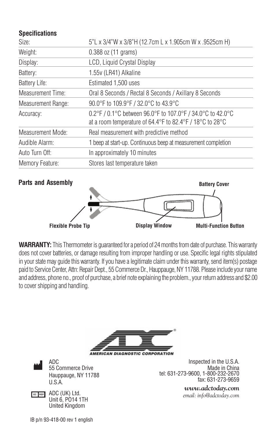 American Diagnostic Corporation (ADC) 418 Adtemp User Manual | Page 4 / 4