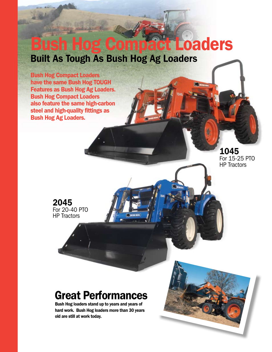 Bush hog compact loaders, Great performances, Built as tough as bush hog ag loaders | Bush Hog Tough Compact & Ag Loaders User Manual | Page 4 / 12