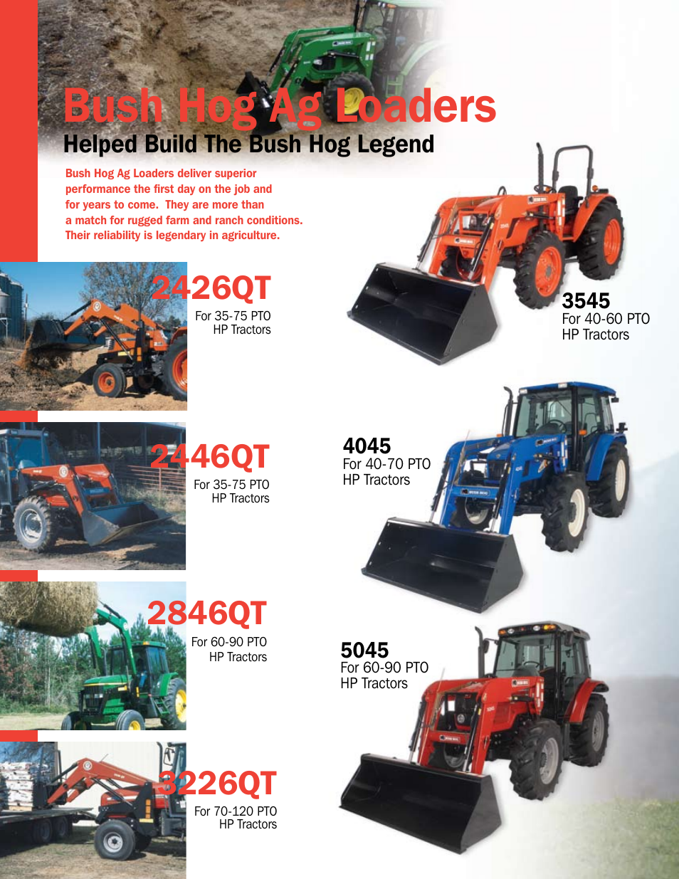 Bush hog ag loaders, 2446qt, 3226qt | 2426qt, 2846qt, Helped build the bush hog legend | Bush Hog Tough Compact & Ag Loaders User Manual | Page 6 / 12