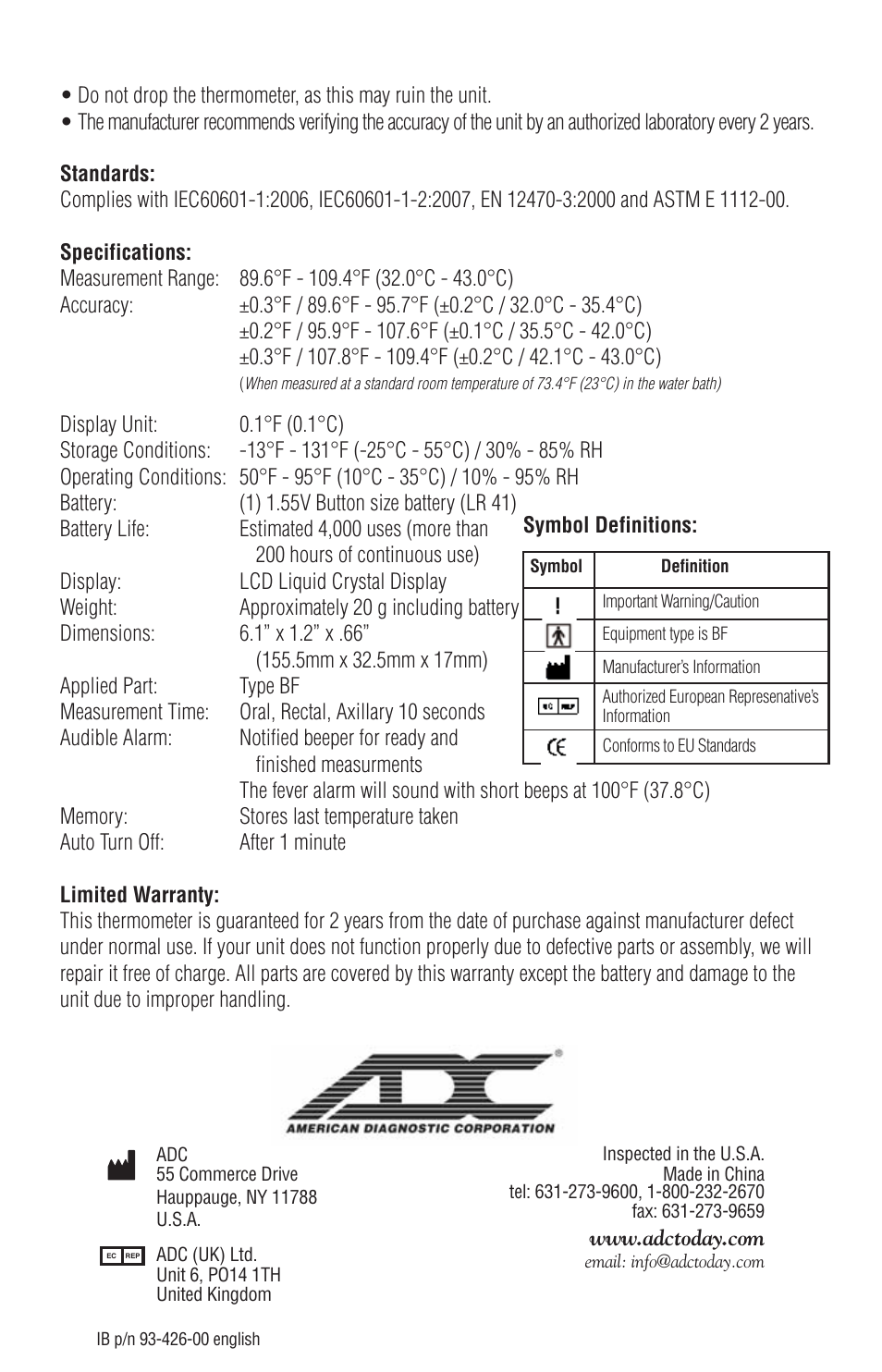 American Diagnostic Corporation (ADC) 426 Adtemp User Manual | Page 4 / 4