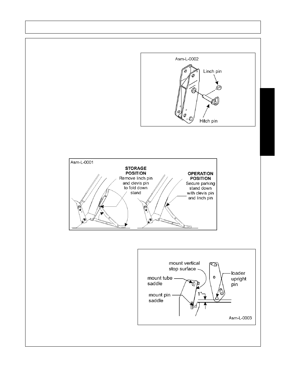 Dismounting loader, Locate tractor and loader on firm level ground, Dismounting loader -5 | Assembly, Assembl y | Bush Hog 1945 User Manual | Page 41 / 106