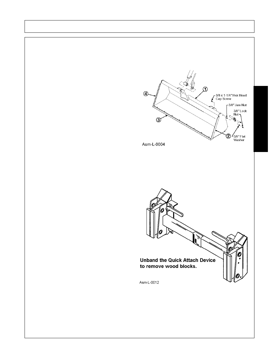 Attaching pin on bucket, Assembling quick attach device, Assembly | Assembl y | Bush Hog 1945 User Manual | Page 43 / 106