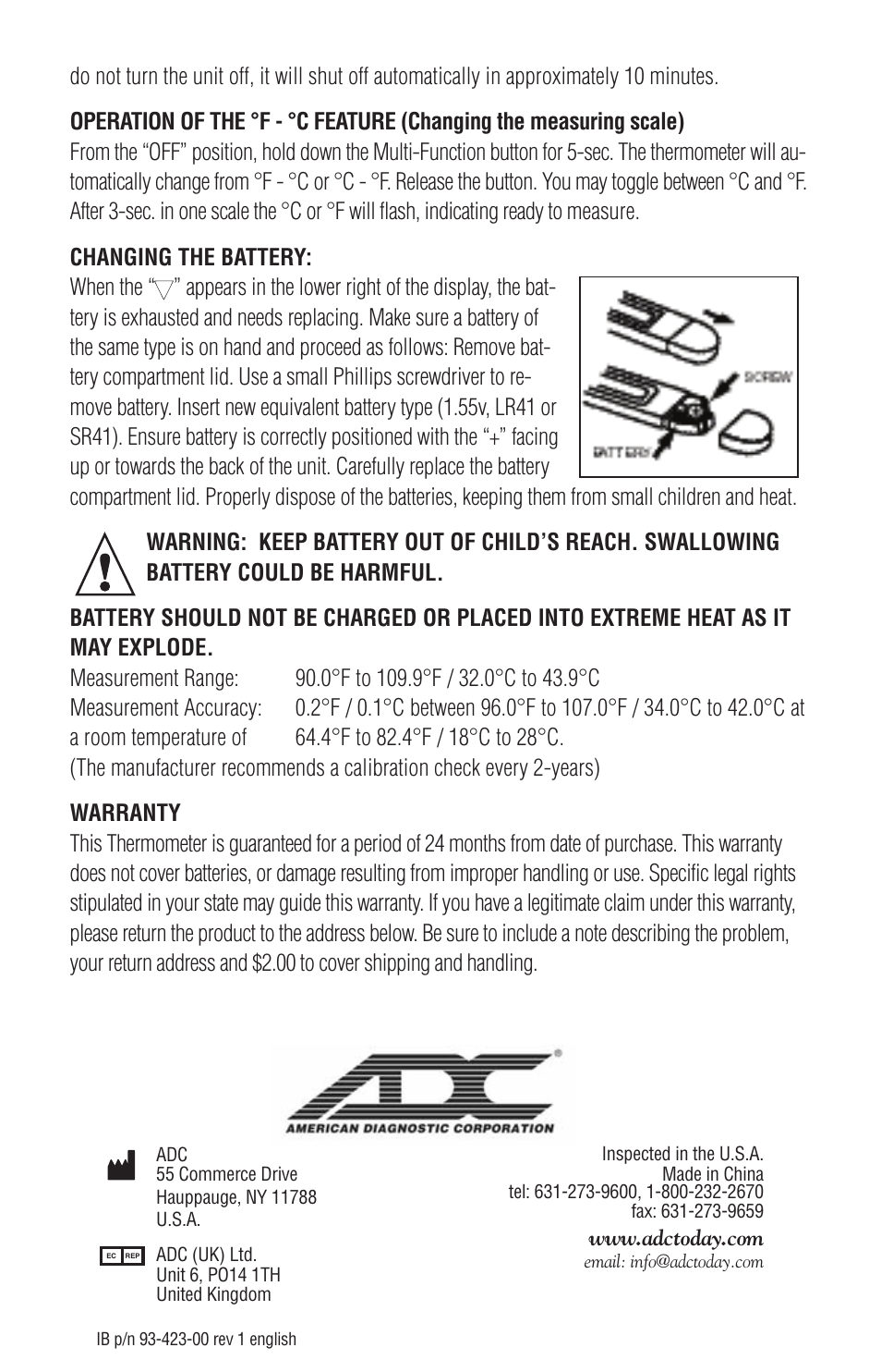 American Diagnostic Corporation (ADC) 423 Adtemp User Manual | Page 4 / 4