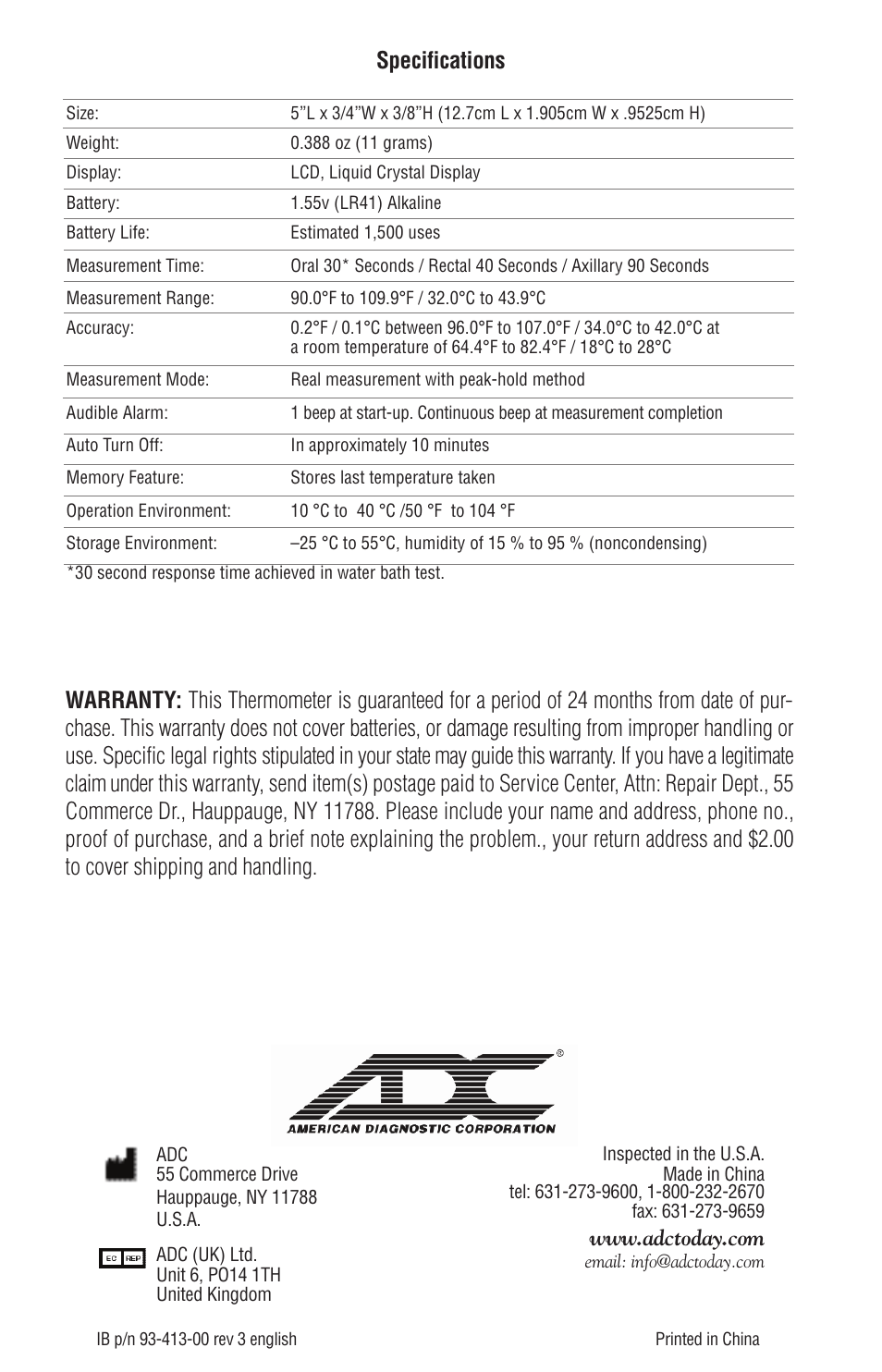 Specifications | American Diagnostic Corporation (ADC) 413 Adtemp User Manual | Page 5 / 5