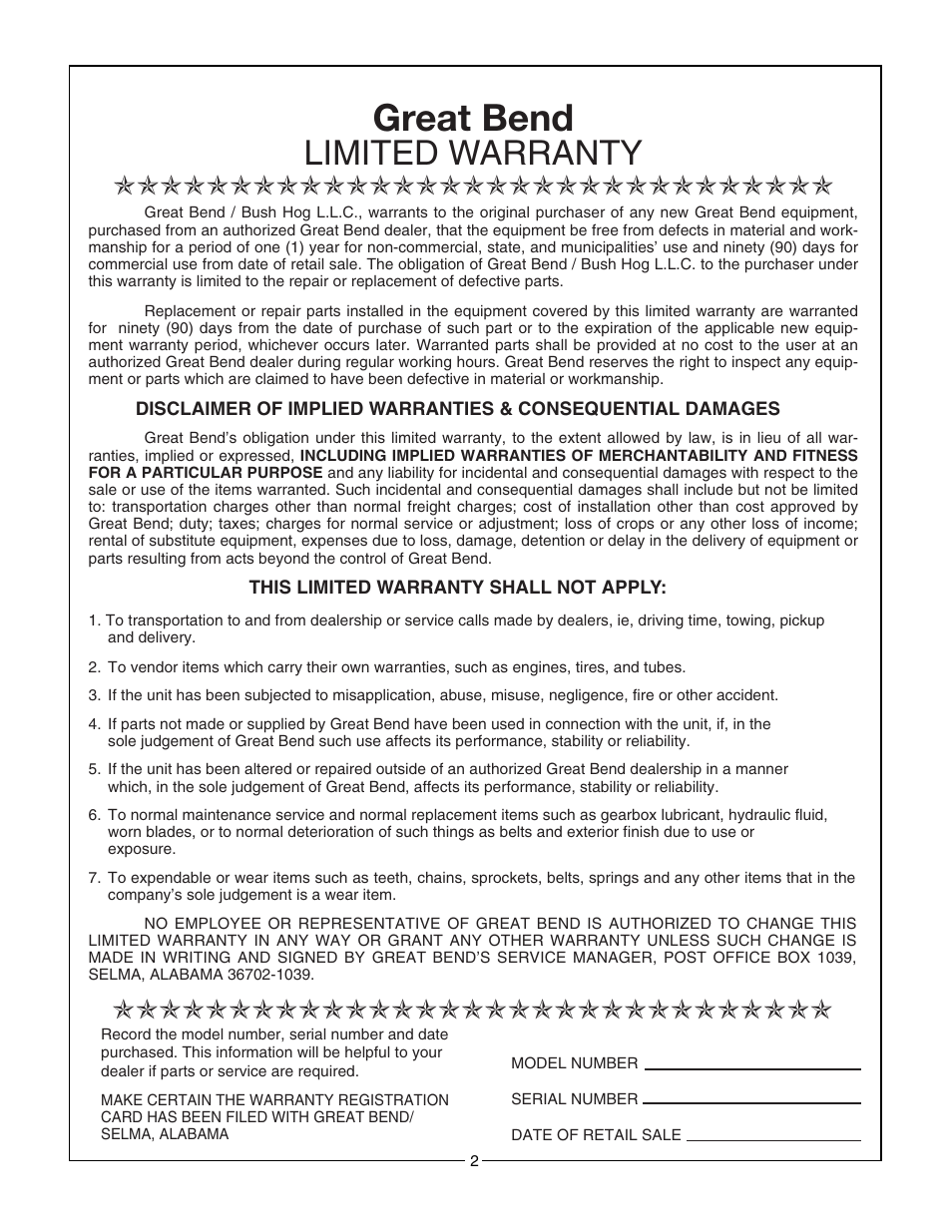 Great bend, Limited warranty | Bush Hog 2175 User Manual | Page 4 / 48
