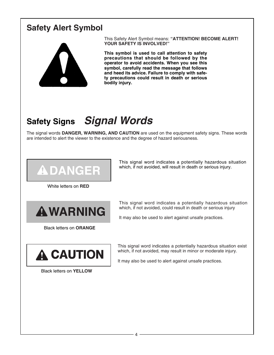 Signal words, Safety alert symbol, Safety signs | Bush Hog 2175 User Manual | Page 6 / 48