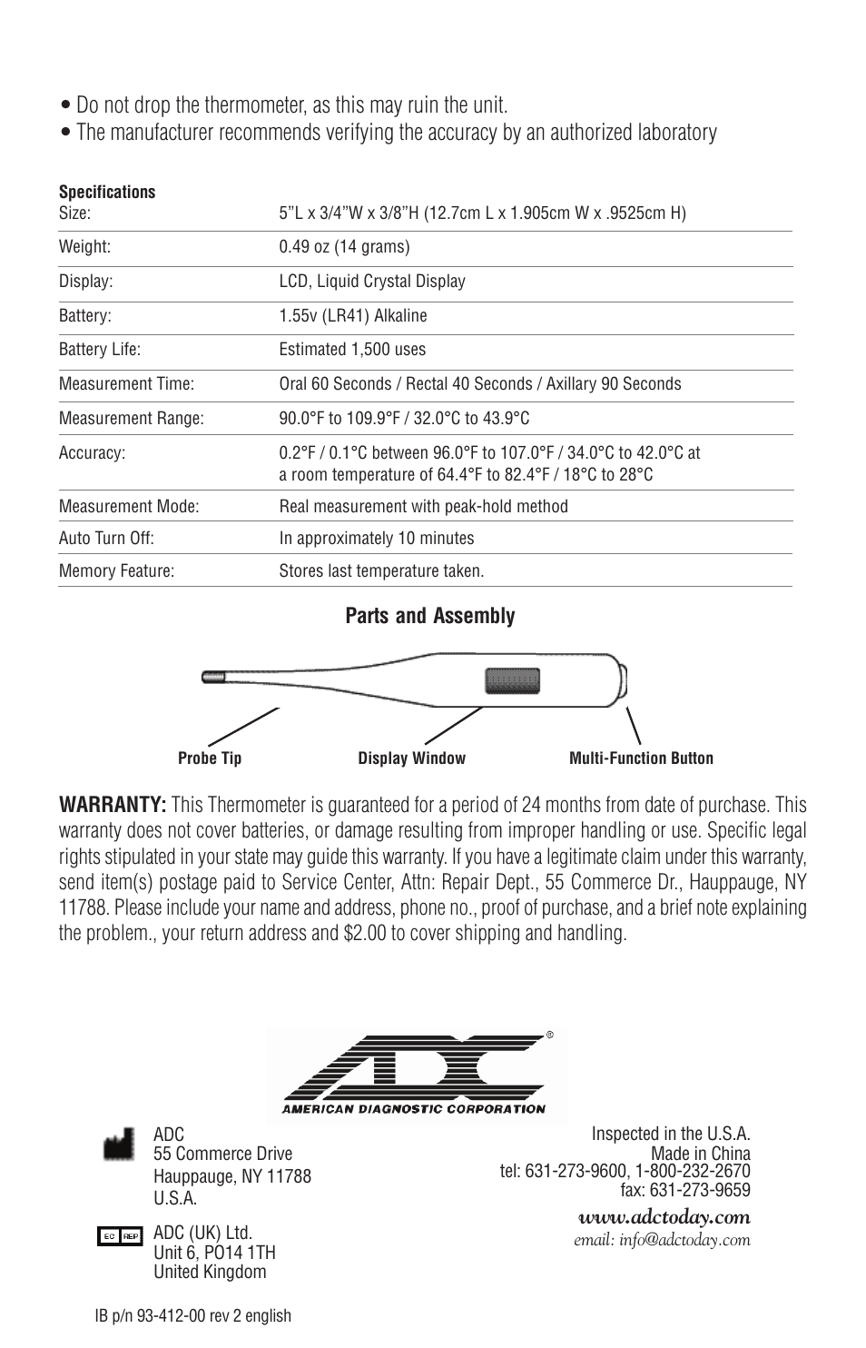 American Diagnostic Corporation (ADC) 412 Adtemp User Manual | Page 4 / 4